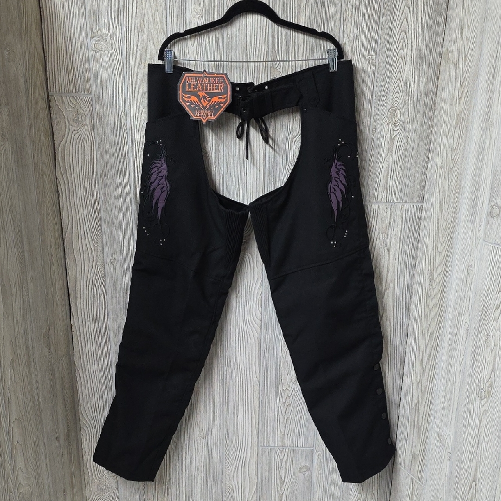 Milwaukee Leather Black Chaps Purple Feather Accent Textile Chaps Womens XXL NWT